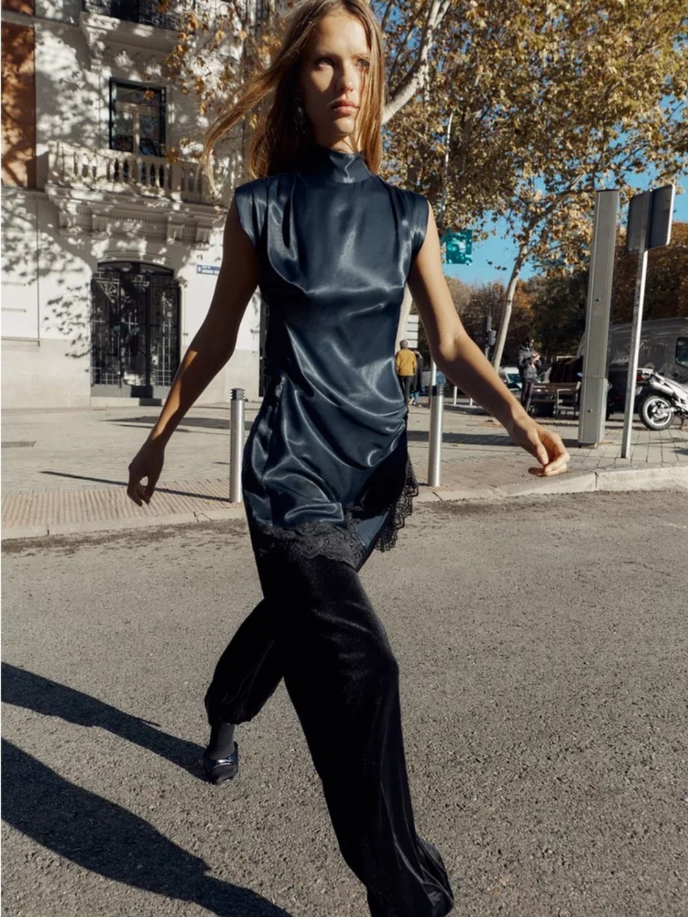 Zara Black Satin Tunic with Wide-Leg Black Pants